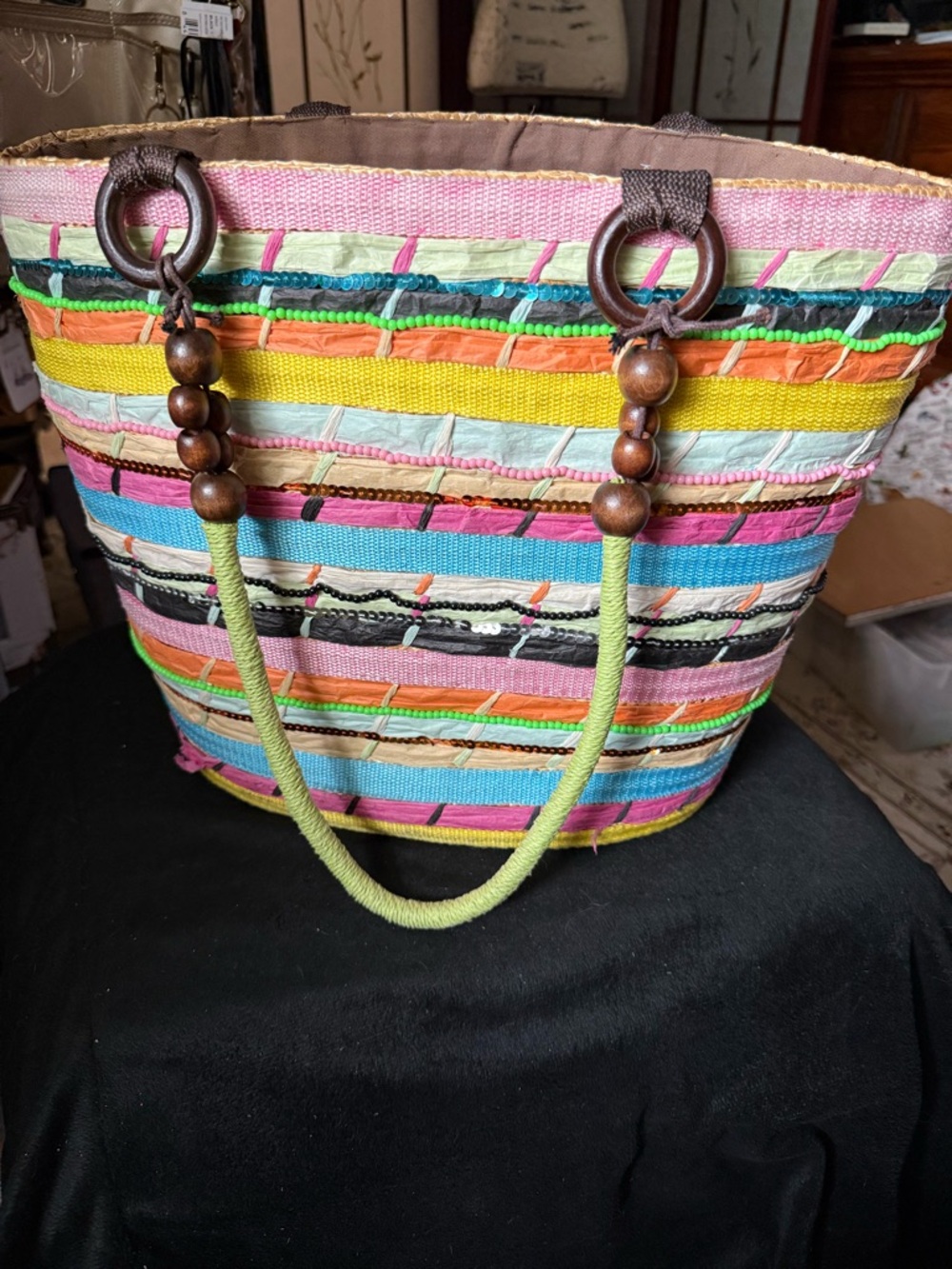 Chico's Multicolor Striped Tote with Wooden Bead Handles